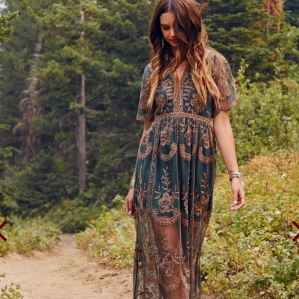 Wild Honey Green and Gold Embroidered Maxi Dress